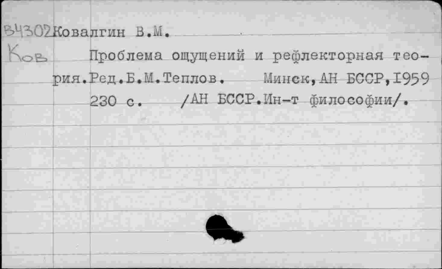 ﻿%ь30!2Ковалгин В.М.
АоЬ Проблема ощущений и рефлекторная теория.Бед.Б.М.Теплов . Минск,АН БССР,1959 230 с. /АН БССР.Ин-т философии/.